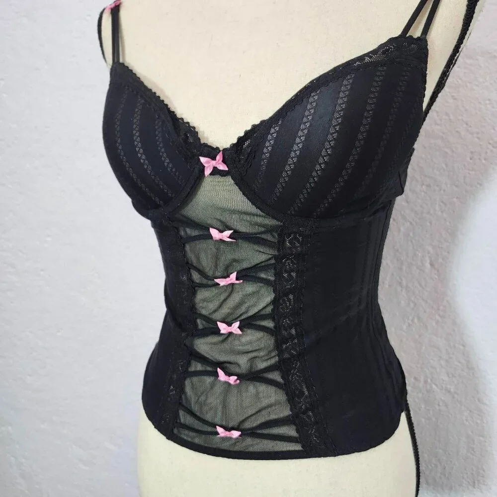 Y2K Gothic Grunge Betsey Johnson Black Mesh Bustier corset top - Picture 2 of 4